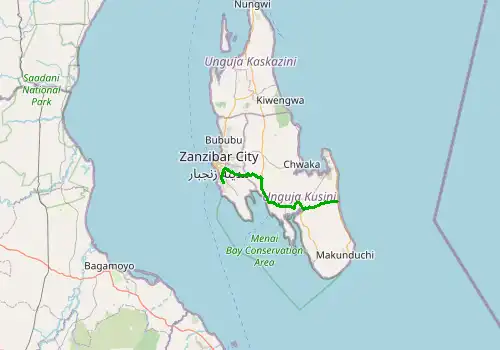 Route map Zanzibar Airport (ZNZ) - Paje, 50 km, approx. 51 min
