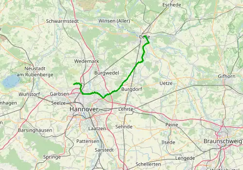 Route map Hannover Airport - Celle, 51 km, approx. 54 min
