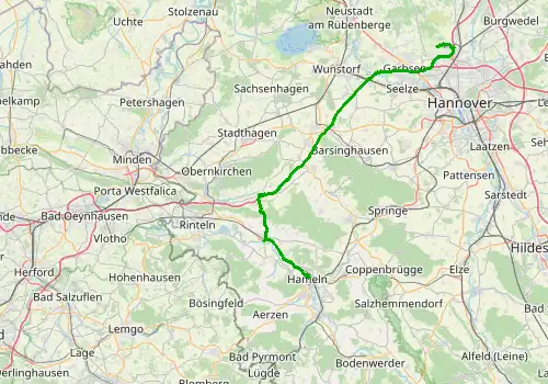 Route map Hannover Airport - Hamelin, 69 km, approx. 55 min