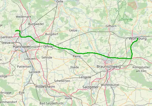 Route map Hannover Airport - Wolfsburg, 94 km, approx. 60 min
