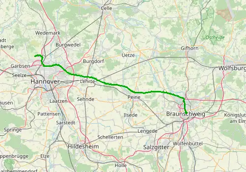 Route map Hannover Airport - Braunschweig, 72 km, approx. 57 min