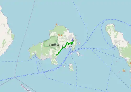 Route map Skiathos Airport - Achladias, 7 km, approx. 11 min