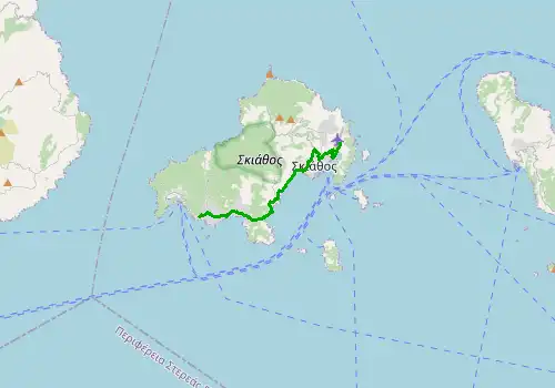 Route map Skiathos Airport - Troulos Beach, 12 km, approx. 16 min
