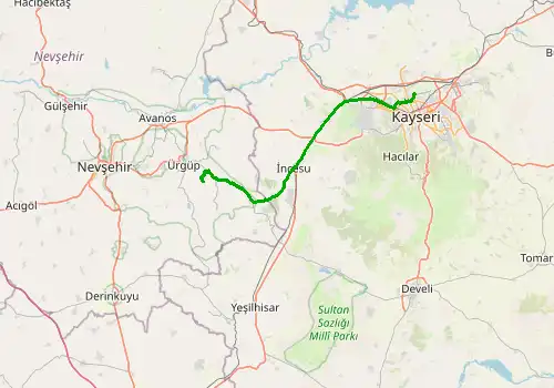 Route map Kayseri Airport - Urgup, 66 km, approx. 75 min