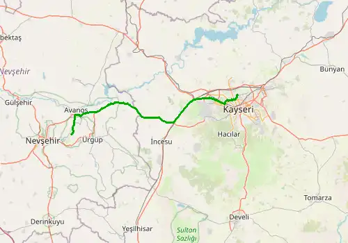 Route map Kayseri Airport - Goreme, 74 km, approx. 62 min