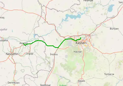 Route map Kayseri Airport - Avanos, 67 km, approx. 55 min