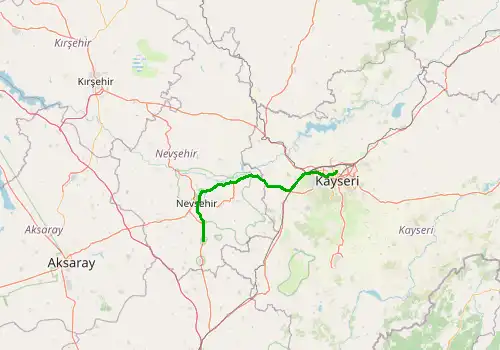 Route map Kayseri Airport - Kaymakli, 102 km, approx. 80 min