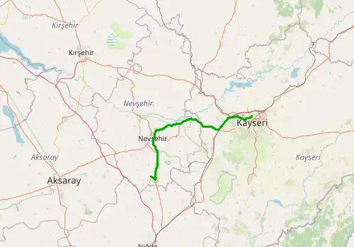 Route map Kayseri Airport - Derinkuyu, 115 km, approx. 99 min