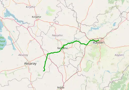 Route map Kayseri Airport - Ihlara, 151 km, approx. 130 min