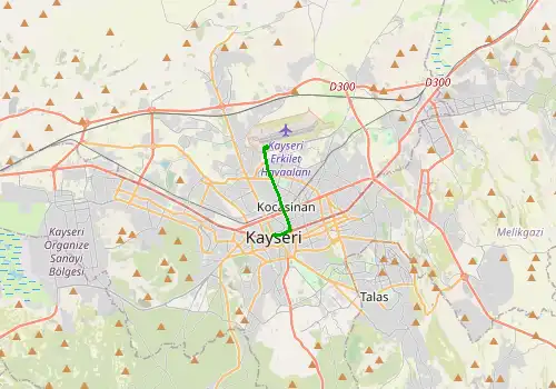 Route map Kayseri Airport - Kayseri, 6 km, approx. 8 min