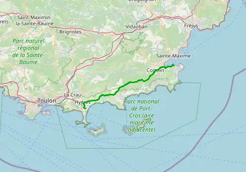 Route map Toulon - Hyeres Airport - Saint Tropez, 54 km, approx. 65 min