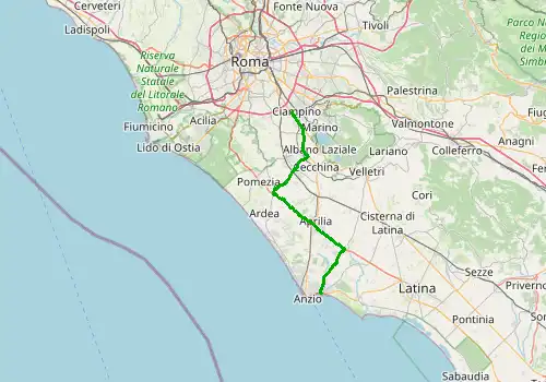 Route map Rome Ciampino Airport - Nettuno, 54 km, approx. 58 min