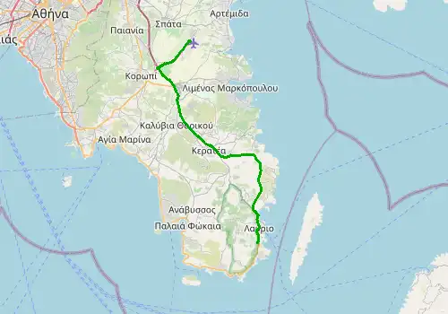 Route map Athens Airport - Olympic Marina, Lavrion, 40 km, approx. 54 min