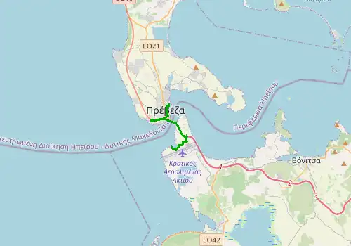 Route map Lefkada Preveza Airport - Preveza Marina, 9 km, approx. 15 min