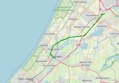 Route map Amsterdam Airport - Leiden, 33 km, approx. 31 min