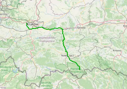 Route map Krakow Airport - Krynica, 153 km, approx. 147 min