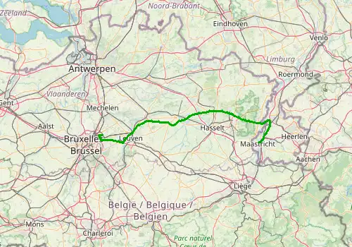 Route map Brussels Airport - Maastricht, 122 km, approx. 75 min