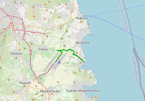 Route map Athens Airport - Vravrona, 11 km, approx. 17 min