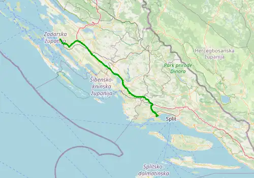 Route map Split Airport - Zadar, 128 km, approx. 101 min