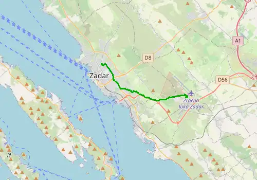 Route map Zadar Airport - Zadar, 12 km, approx. 19 min