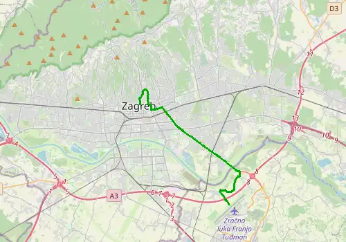 Route map Zagreb Airport - Zagreb, 16 km, approx. 28 min