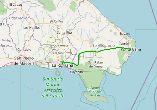 Route map Punta Cana Airport (PUJ) - La Romana, Dominican Republic, 78 km, approx. 55 min