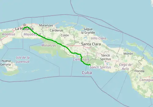 Route map Havana Airport (HAV) - Trinidad, 323 km, approx. 270 min