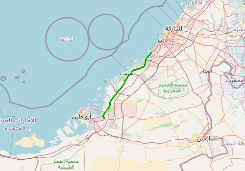Route map Abu Dhabi Airport (AUH) - Palm Jumeirah, Dubai, 100 km, approx. 61 min