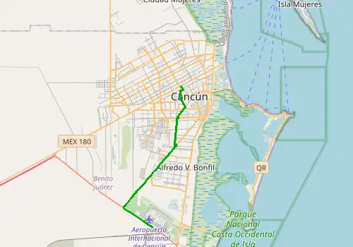 Route map Cancun Airport (CUN) - Cancun, 19 km, approx. 20 min