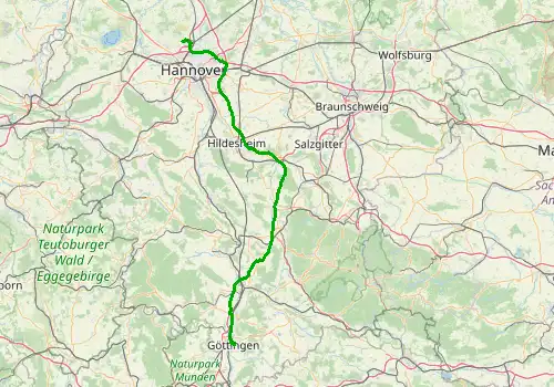 Route map Hannover Airport - Gottingen, 139 km, approx. 96 min