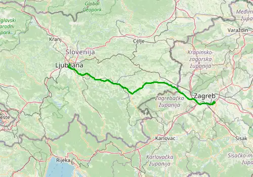 Route map Zagreb Airport - Ljubljana, 153 km, approx. 102 min
