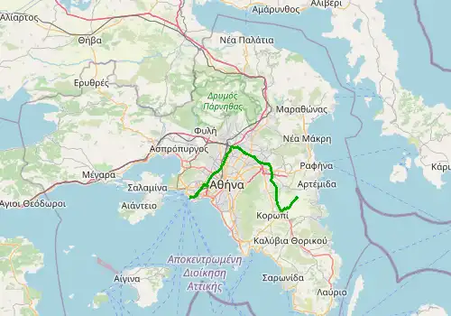 Route map Athens Airport - Athens port (Piraeus), 52 km, approx. 77 min