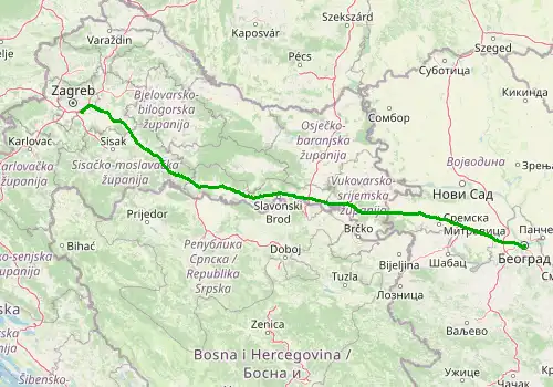 Route map Zagreb Airport - Belgrade, 391 km, approx. 234 min