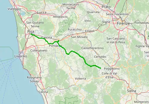 Route map Pisa Airport - San Gimignano, 74 km, approx. 81 min