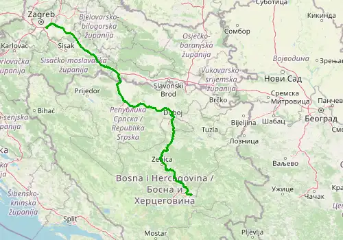 Route map Zagreb Airport - Sarajevo, 399 km, approx. 299 min