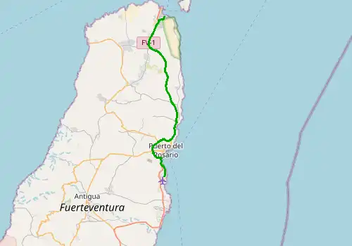 Route map Fuerteventura Airport - Corralejo, Fuerteventura, 39 km, approx. 37 min