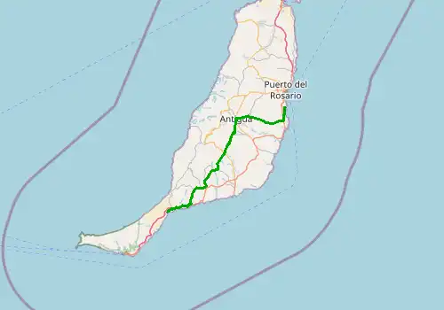 Route map Fuerteventura Airport - Costa Calma, 63 km, approx. 56 min