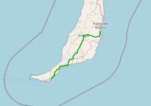 Route map Fuerteventura Airport - Esquinzo, 78 km, approx. 68 min