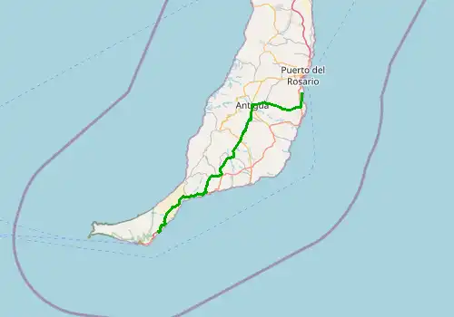 Route map Fuerteventura Airport - Jandía, 77 km, approx. 68 min