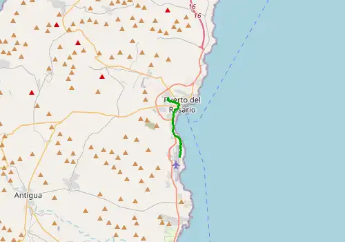 Route map Fuerteventura Airport - Puerto del Rosario, 7 km, approx. 11 min