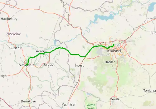 Route map Kayseri Airport - Nevsehir, 83 km, approx. 68 min