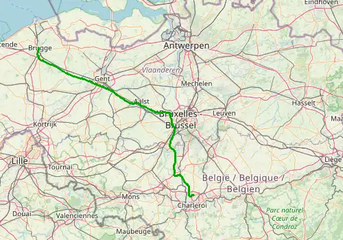 Route map Brussels South Charleroi Airport - Brugge, 147 km, approx. 95 min