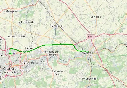 Route map Brussels South Charleroi Airport - Namur, 36 km, approx. 31 min
