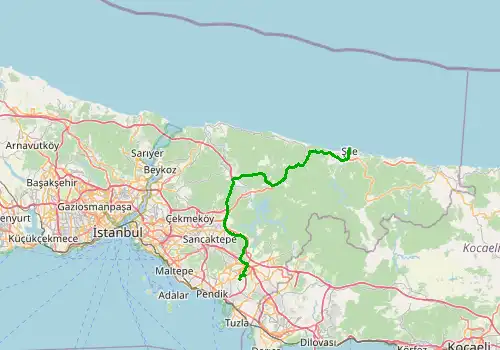 Route map Istanbul Sabiha Gokcen Airport - Sile, 67 km, approx. 48 min
