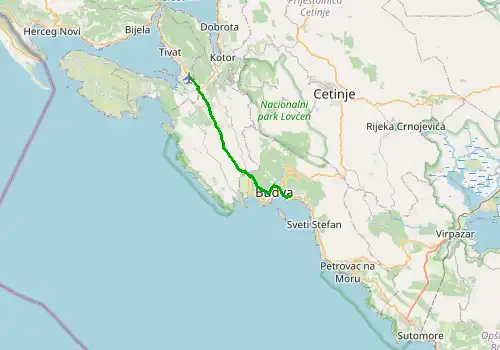 Route map Tivat Airport - Becici, near Budva, 22 km, approx. 31 min
