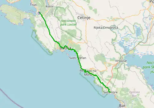 Route map Tivat Airport - Sutomore, 49 km, approx. 81 min
