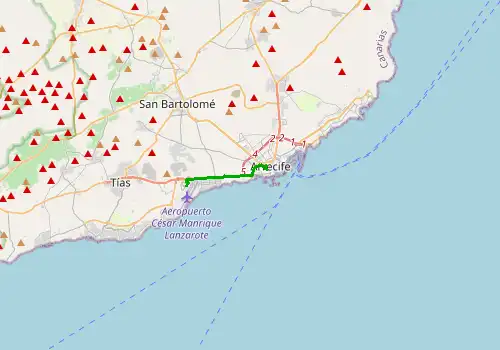 Route map Lanzarote Airport - Arrecife, Lanzarote, 7 km, approx. 9 min
