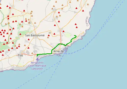 Route map Lanzarote Airport - Costa Teguise, Lanzarote, 14 km, approx. 15 min