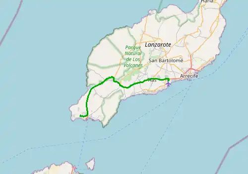 Route map Lanzarote Airport - Playa Blanca, Canary Islands, 35 km, approx. 44 min