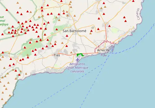 Route map Lanzarote Airport - Playa Honda, Canary Islands, 2 km, approx. 5 min